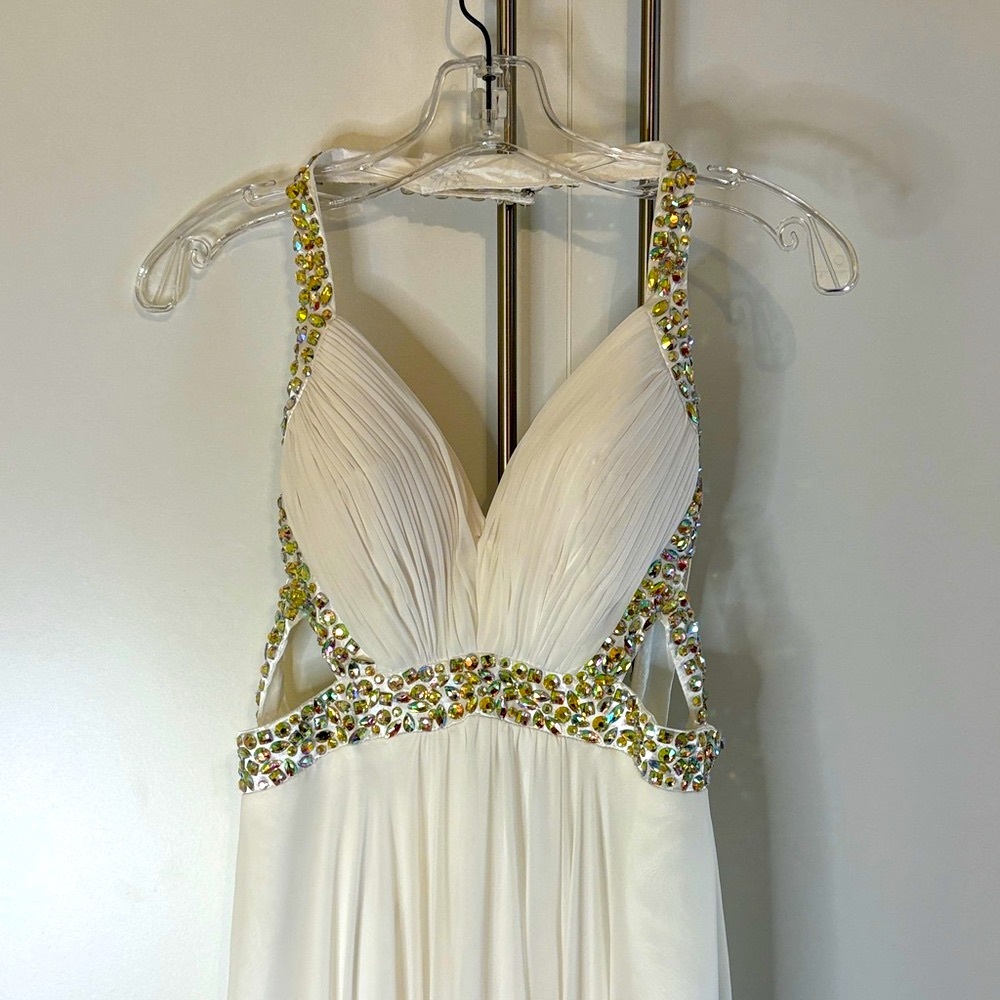 Dave & Johnny White Chiffon Backless Halter Dress with Golden Crystal Accents